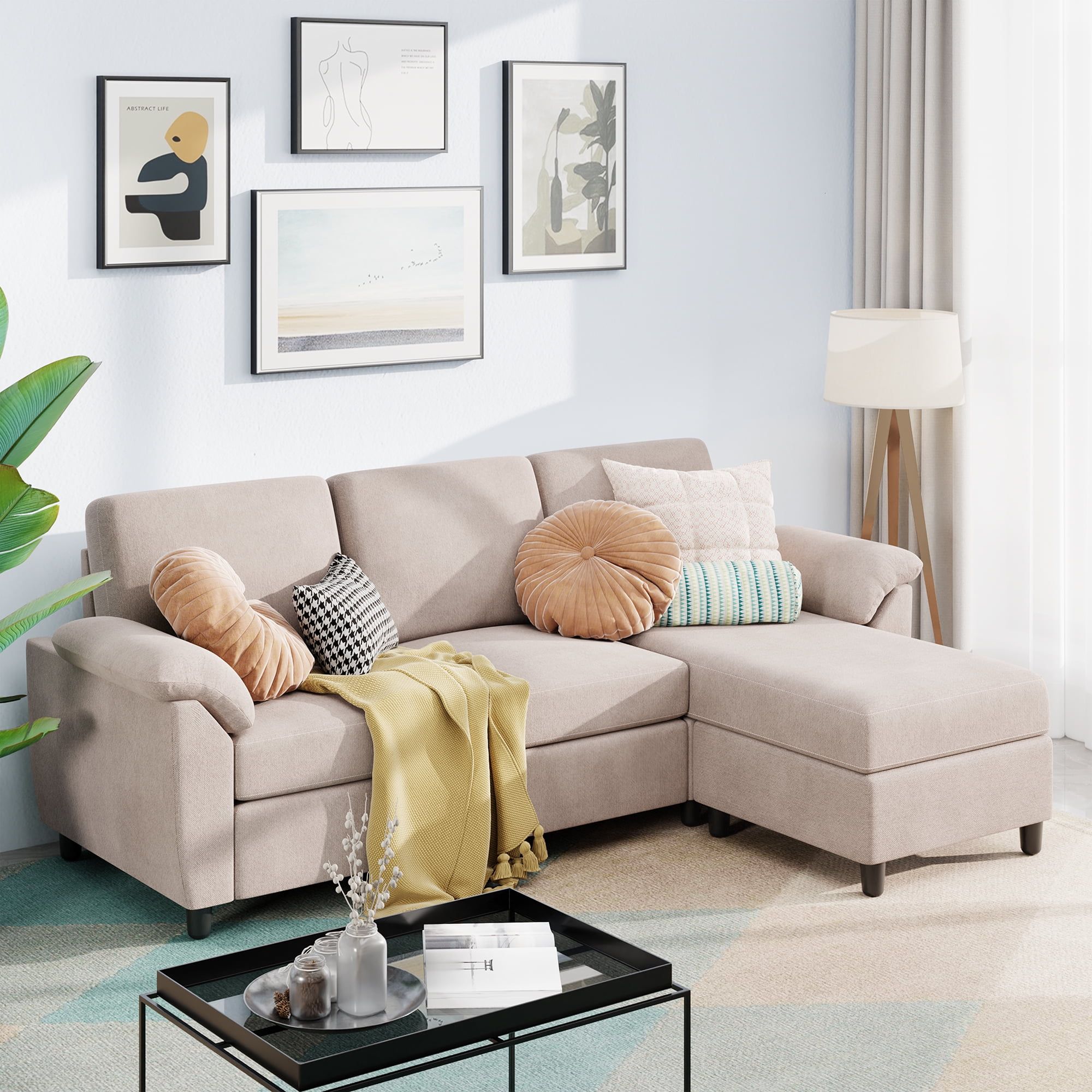 Sobaniilo 79" Convertible Sectional Sofa Couch, Linen Fabric L Shaped Couch  With Reversible Ottoman, 3 Seat Small Sectional Sofa Couches For Living  Room, Apartment, Small Space, Beige – Walmart With Regard To Small L Shaped Sectional Sofas In Beige (Photo 3 of 15)
