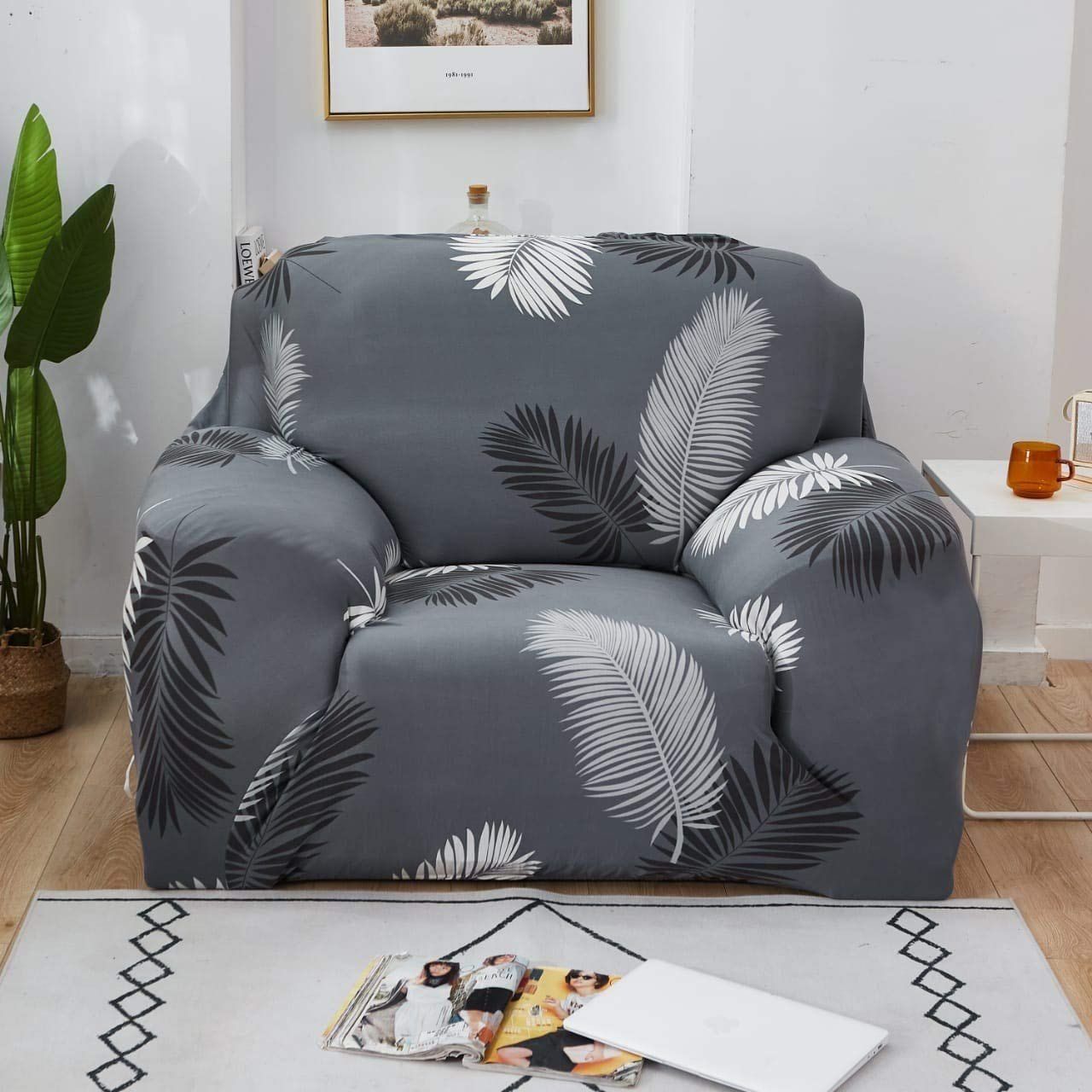 Sofa Slipcover Spandex & Polyester, Perfect Size Slipcover Dark Grey Fern,  One Seater (90 145cm) Within Dark Grey Polyester Sofa Couches (View 11 of 15)