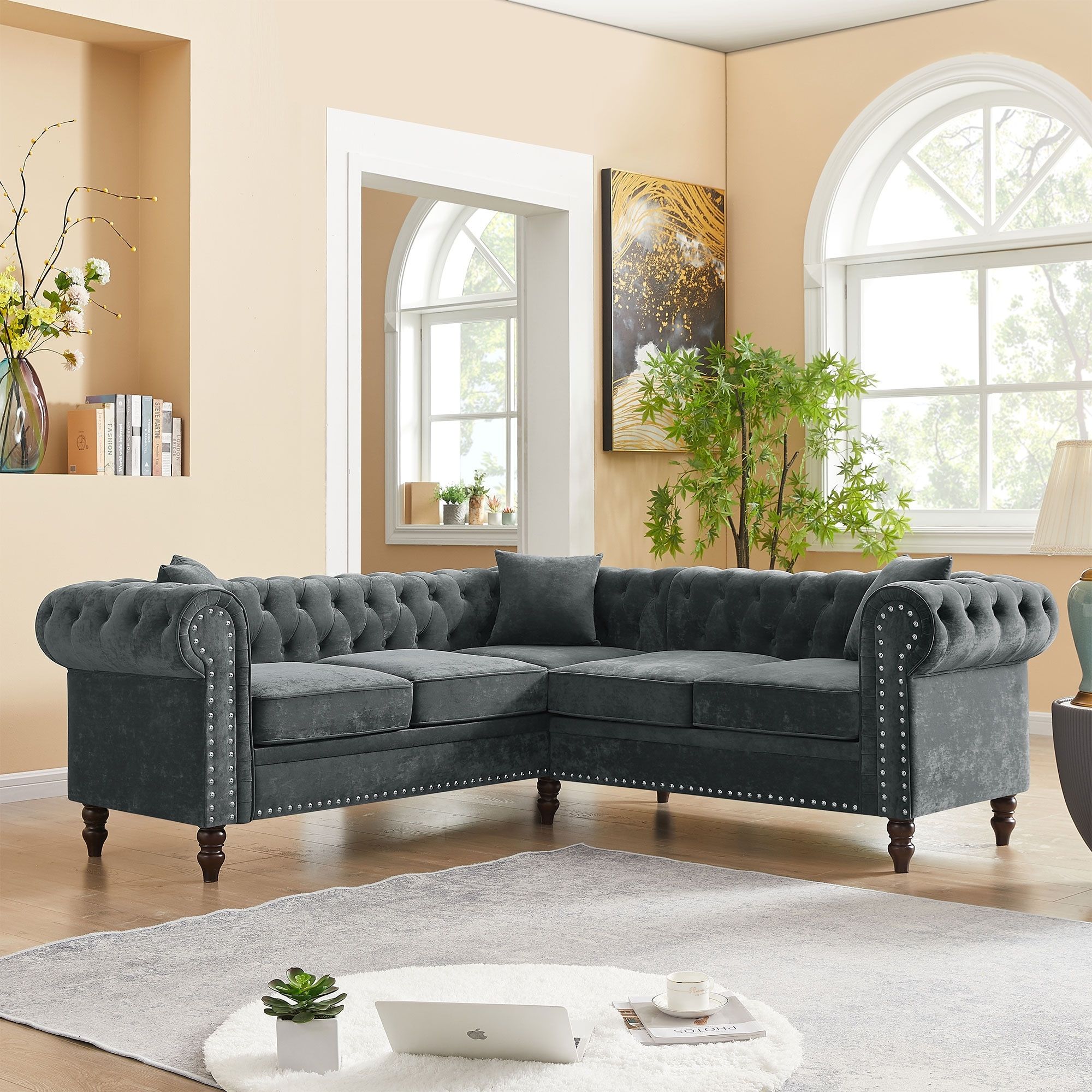 Sofa,l Shaped Sofaa,deep Button Tufted Upholstered, Roll Arm Luxury Classic  Sofa, 3 Pillows Included – Bed Bath & Beyond – 38283618 With Regard To Tufted Upholstered Sofas (View 6 of 15)