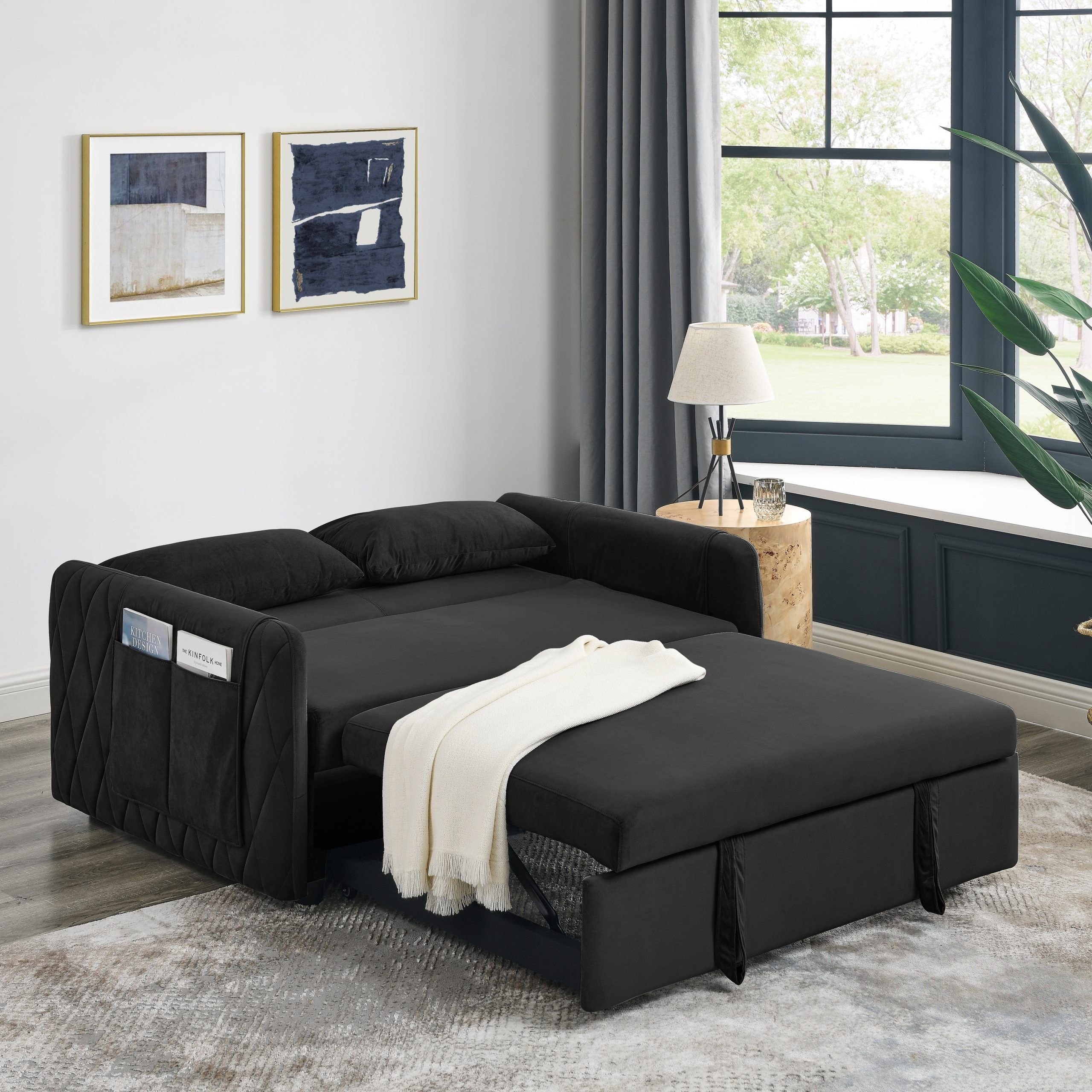 Soft Velvet Convertible Pull Out Sofa Sleeper, 3 In 1 Adjustable Sleeper  With 2 Lumbar Pillows And Side Pocket, Livingroom – Bed Bath & Beyond –  38251655 For 3 In 1 Gray Pull Out Sleeper Sofas (Photo 10 of 15)