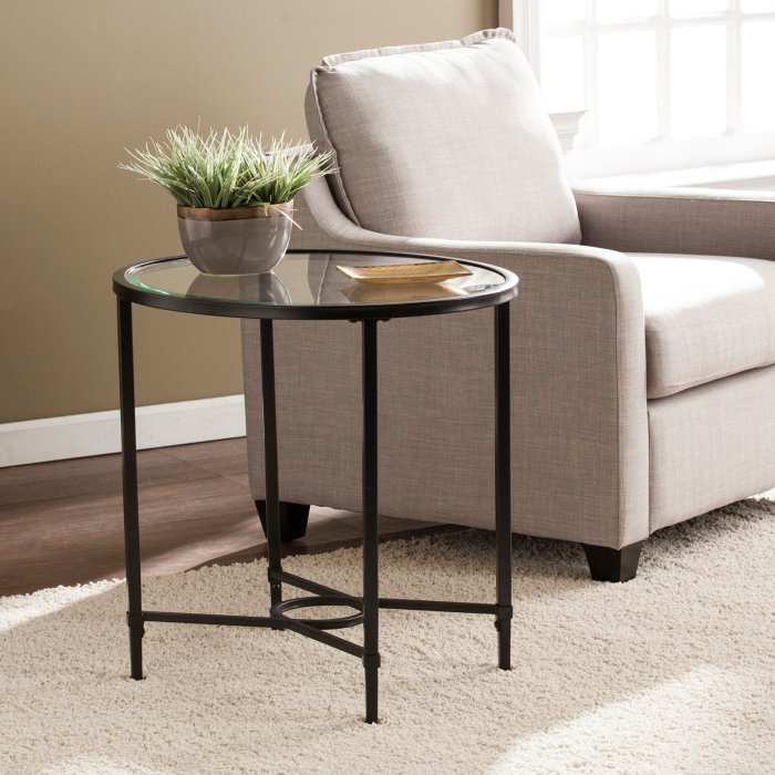 Southern Enterprises Quinton Metal / Glass Oval Side Table | Hayneedle Regarding Tempered Glass Oval Side Tables (View 13 of 15)