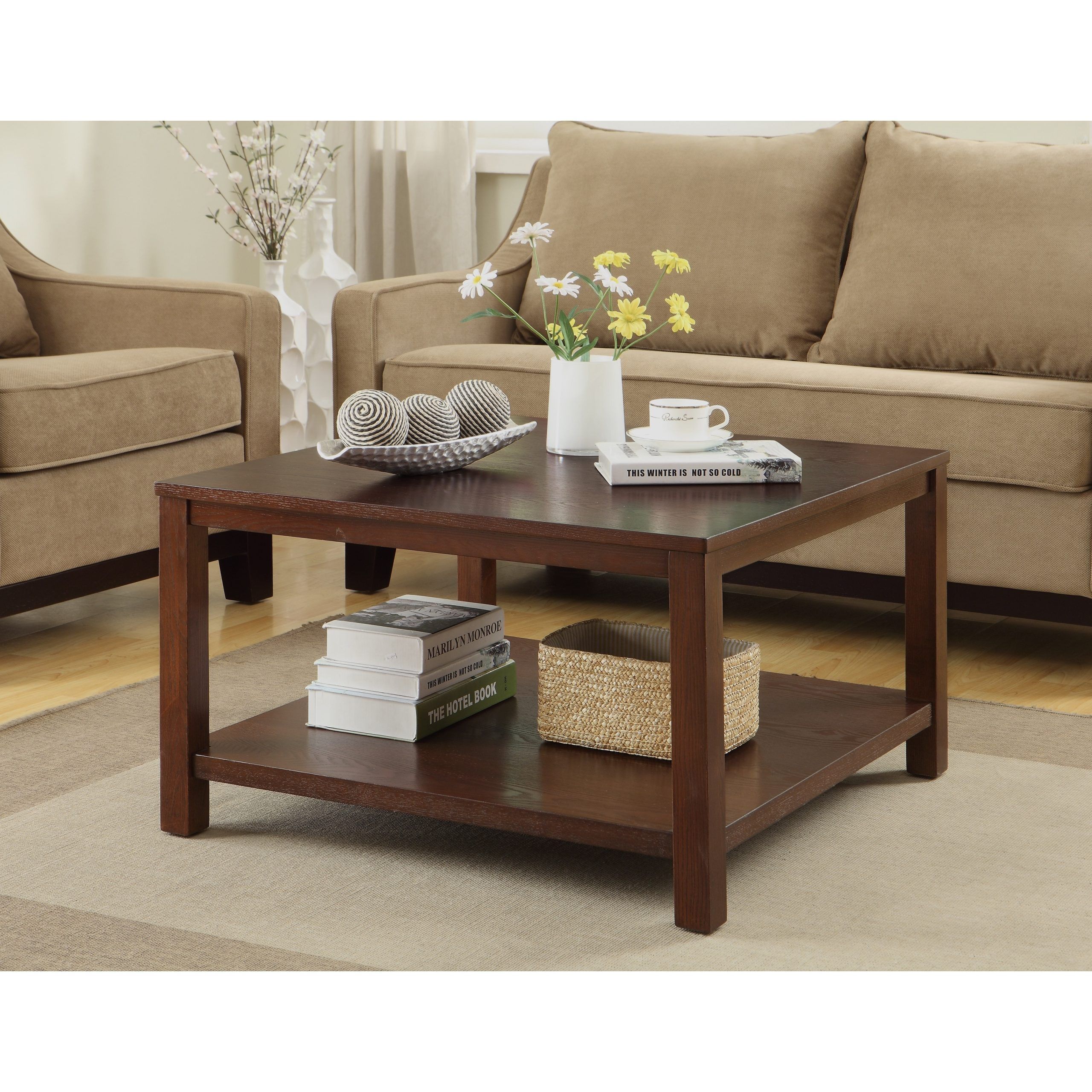 Square Coffee Table With Dual Shelves Solid Wood Legs & Wood | Ebay With Regard To Coffee Tables With Solid Legs (View 11 of 15)
