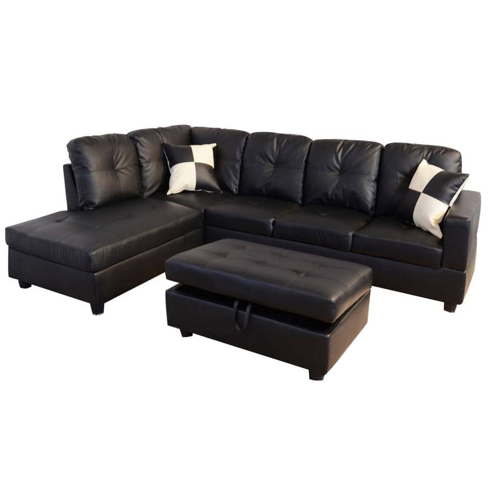 Star Home Living Black Faux Leather 3 Seater Left Facing Chaise Sectional  Sofa With Storage Ottoman Sh091a – The Home Depot With Regard To Right Facing Black Sofas (View 9 of 15)