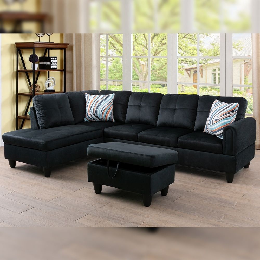 Star Home Living Flannelette Night Black 3 Pieces Sofa Set Left Facing –  Bed Bath & Beyond – 36287377 Within Right Facing Black Sofas (View 8 of 15)