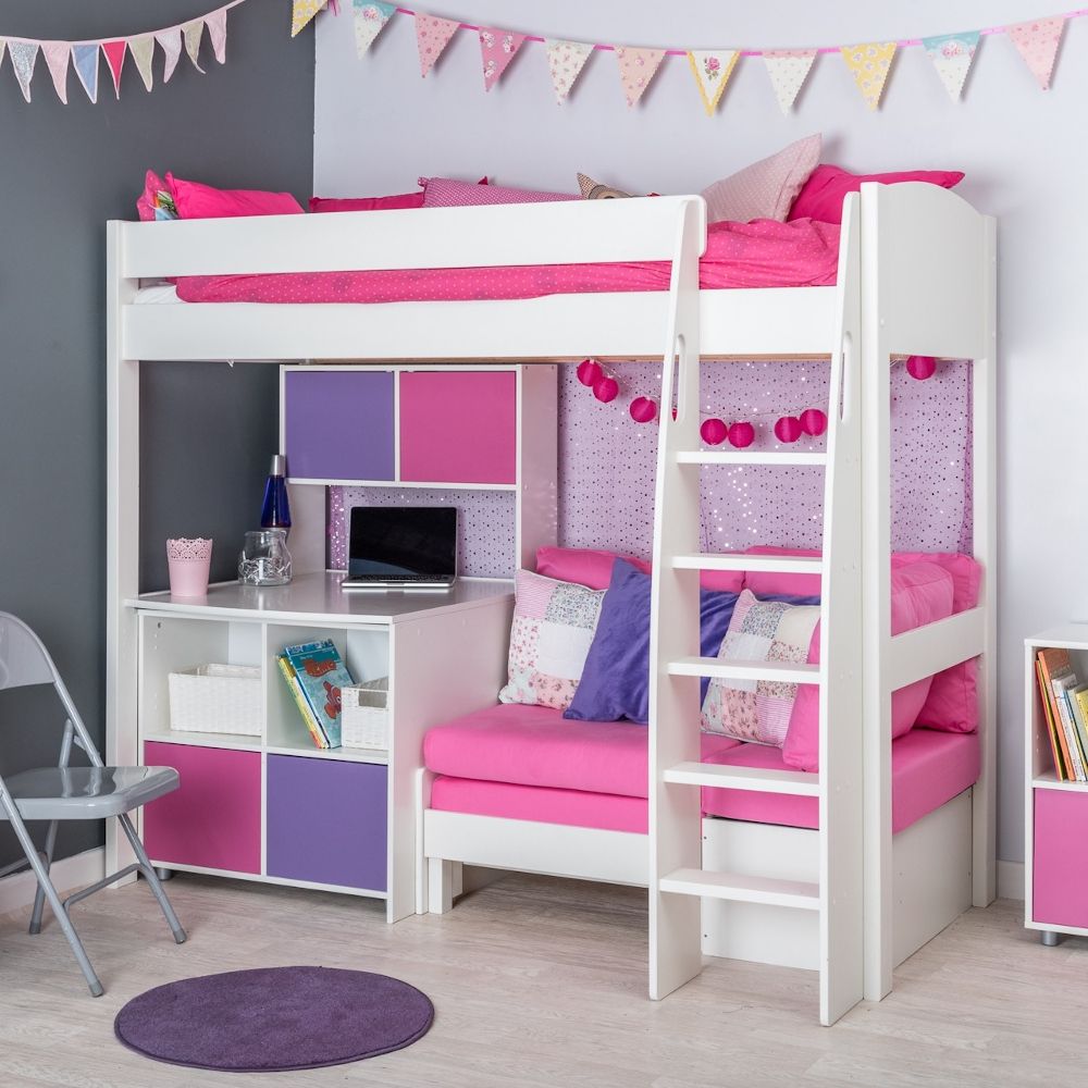 Stompa Uno S26 Highsleeper With Sofa Bed In Pink,fixed Desk,cube Unit And  Hutch With 2 Pink And 2 Purple Doors With Regard To 2 In 1 Foldable Children&#039;s Sofa Beds (View 15 of 15)