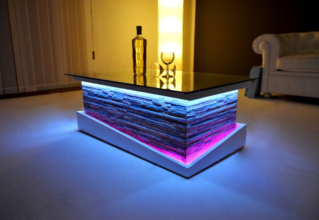 Stone Model Coffee Table With Led Lights Glass Top – Etsy Pertaining To Coffee Tables With Drawers And Led Lights (View 14 of 15)