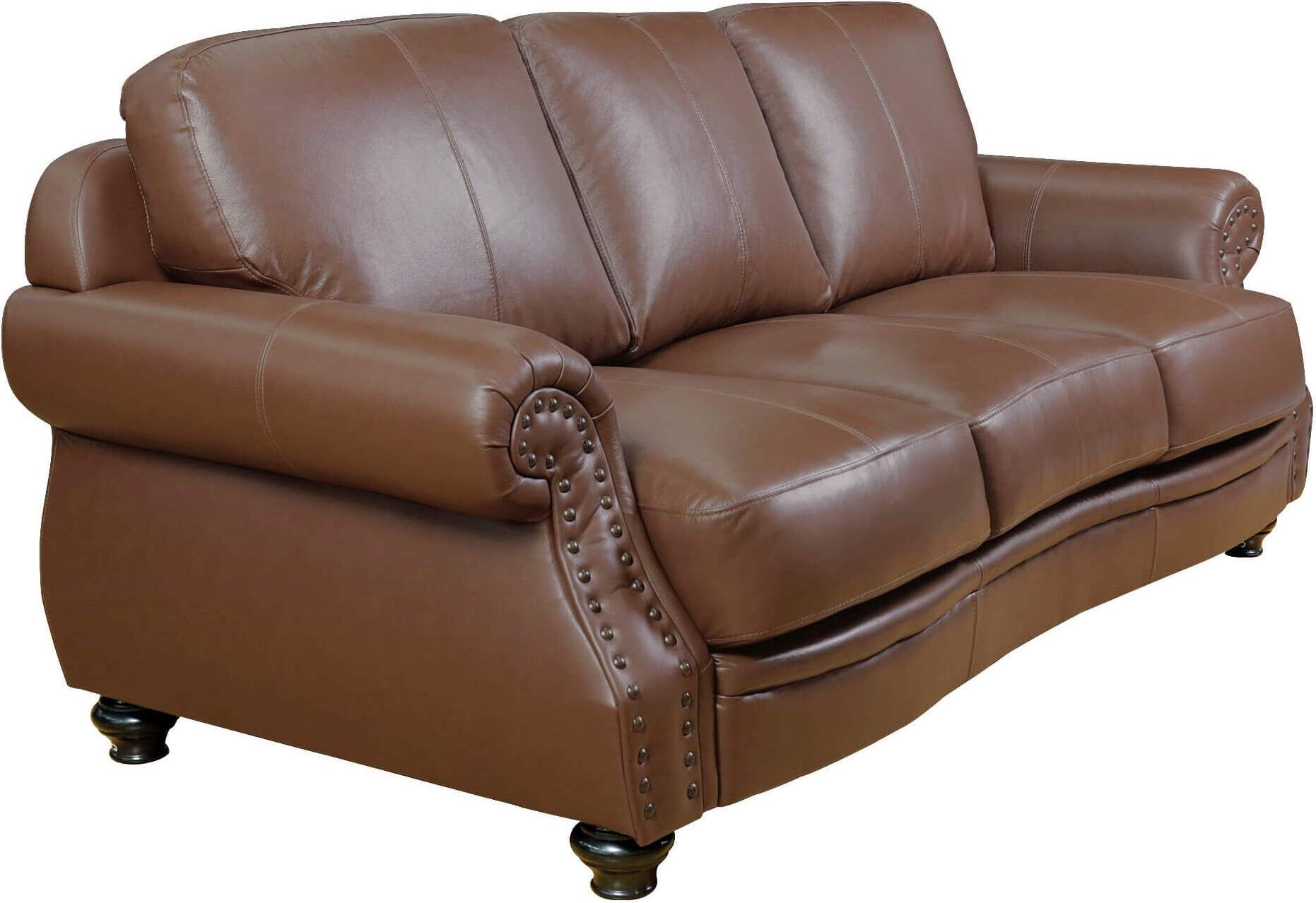 Sunset Trading Charleston 86 Inch Wide Top Grain Leather Sofa Chestnut  Brown 3 Seater Rolled Arm Couch With Nailheads | 1stopbedrooms Regarding Top Grain Leather Loveseats (View 11 of 15)