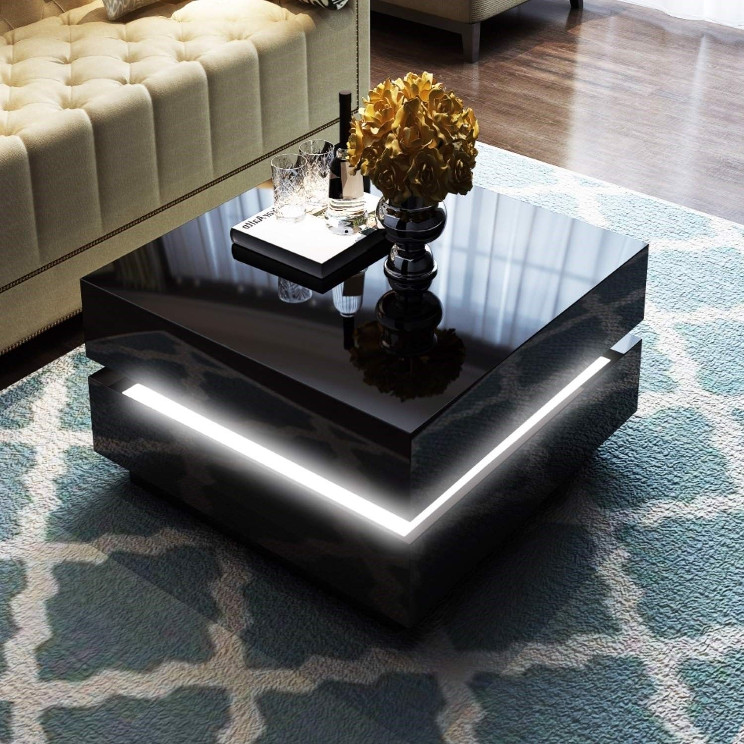 Tiffany Black High Gloss Cubic Led Coffee Table | Furniture123 Regarding High Gloss Black Coffee Tables (View 6 of 15)