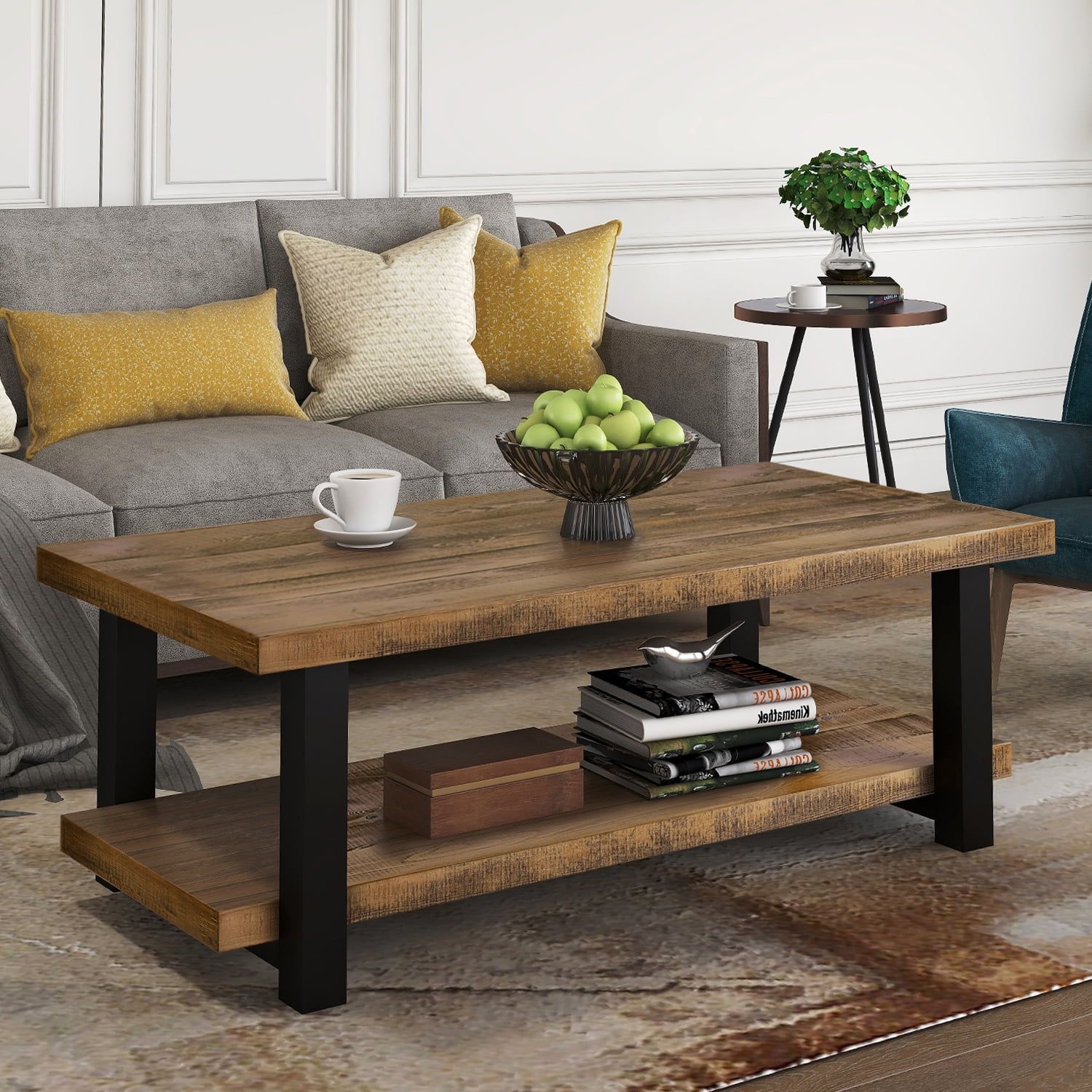 Topcobe Rustic Natural Coffee Table With Storage Shelf, Side End Table Regarding Rectangle Coffee Tables (Photo 6 of 15)