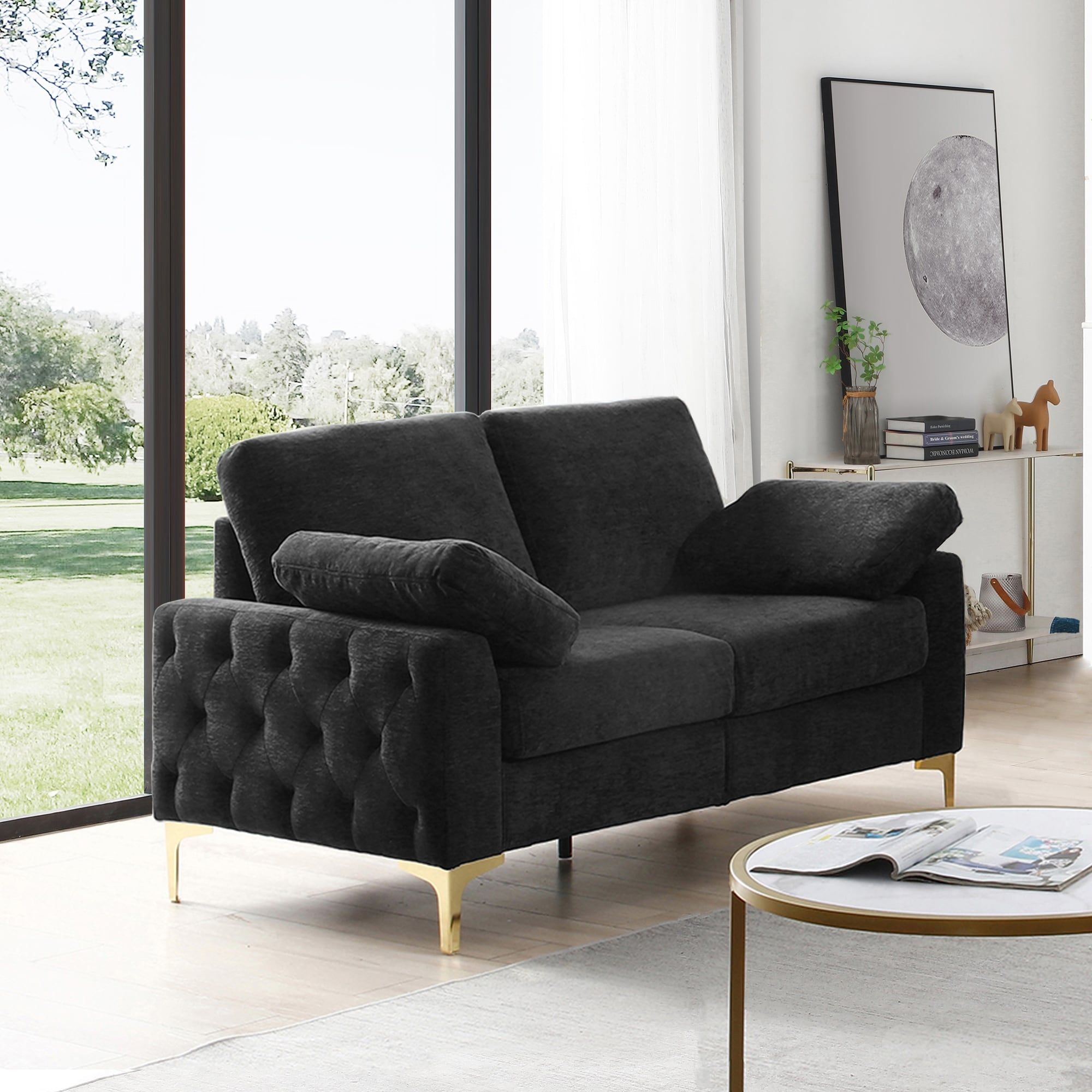 Tufted 2 Seater Couch Chenille Fabric Upholstered Loveseat Sofas Removable  Cushions Sofa With 2 Arm Pillows And Metal Legs – Bed Bath & Beyond –  38046946 With Regard To 2 Seater Black Velvet Sofa Beds (Photo 3 of 15)