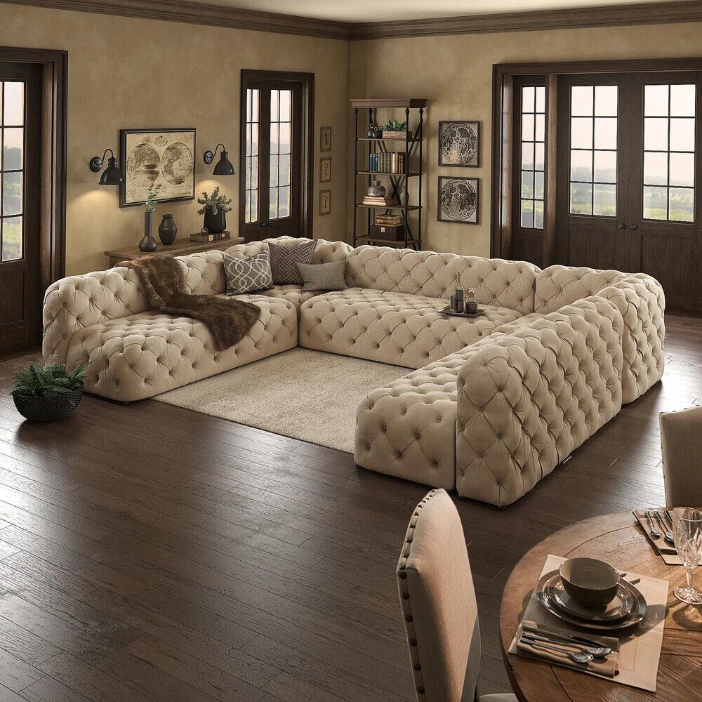 Tufted Beige 11 Seater Armless U Shape Modular Sectional Sofa Formal Living  Room | Ebay In U Shaped Couches In Beige (View 10 of 15)