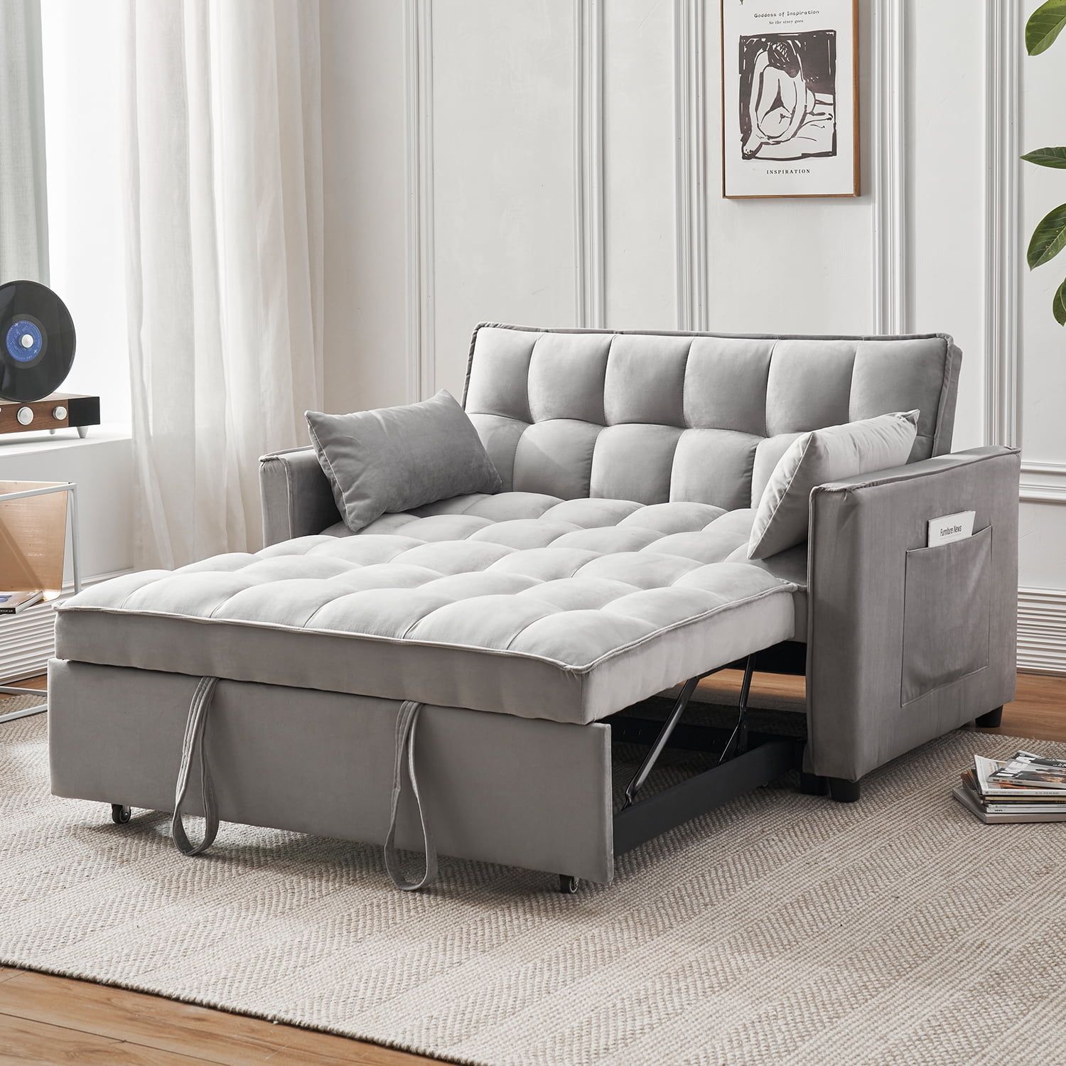 Tzicr 55.5'' 3 In 1 Convertible Sleeper Sofa Bed, Modern Velvet Loveseat  Futon Couch Pullout Bed With Adjustable Backrest, Side Storage Pockets And  Pillows (View 5 of 15)