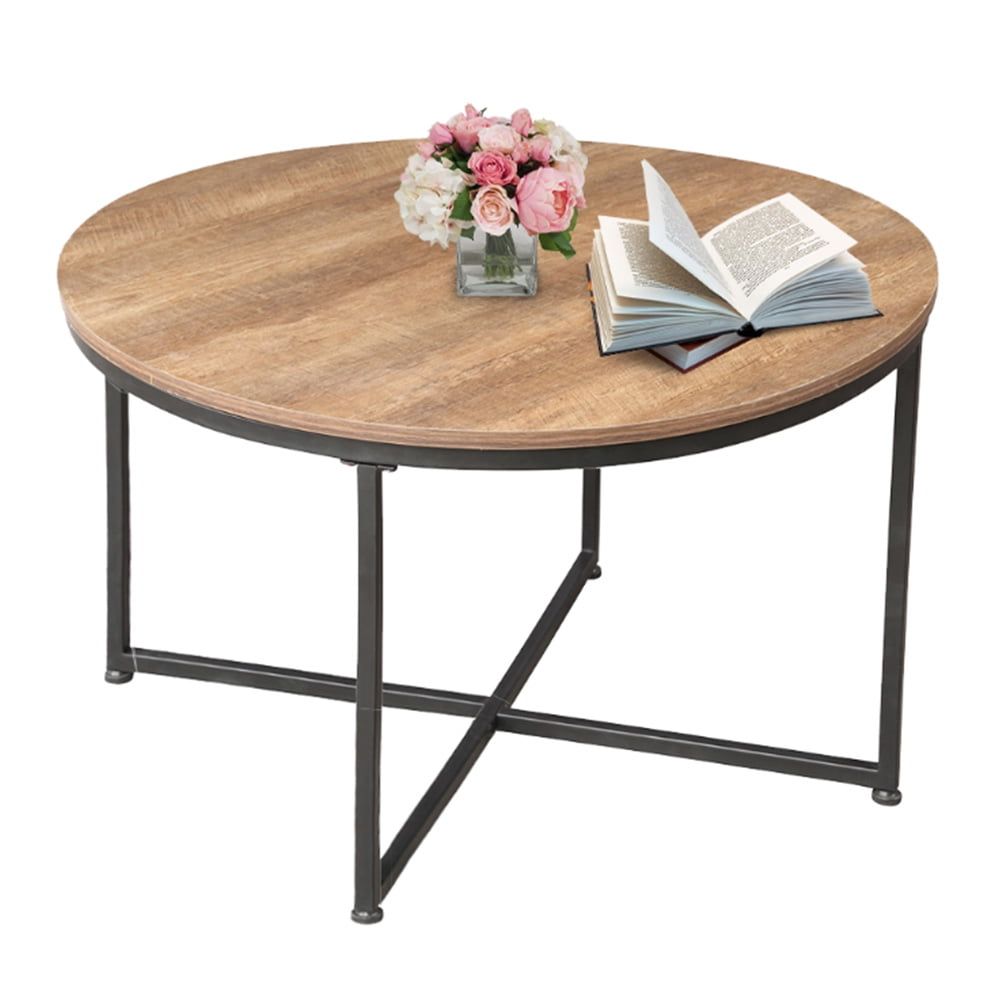 Uhomepro Round Coffee Table Modern Vintage Style With Black Metal Legs Within Coffee Tables With Round Wooden Tops (Photo 14 of 15)