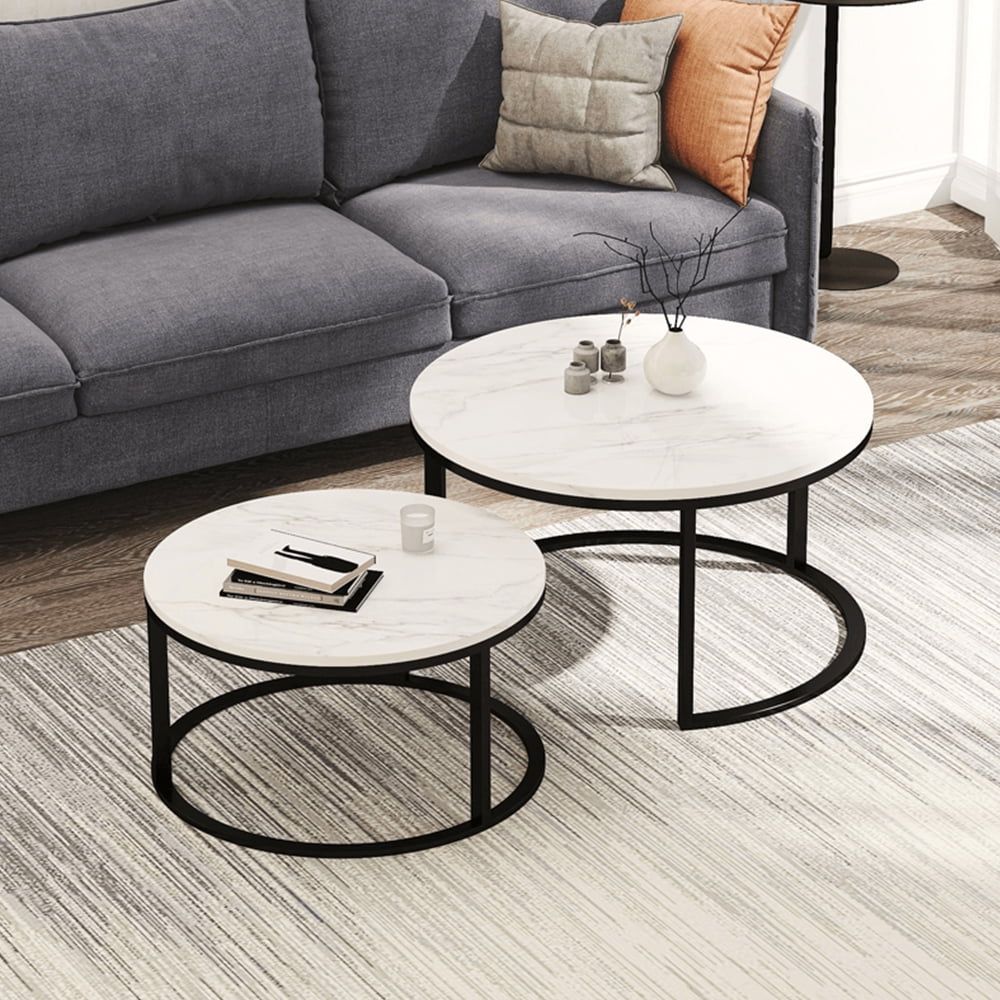 Uhomepro Round Nesting Coffee Tables Set Of 2, Wooden Desktop With Intended For Round Coffee Tables With Steel Frames (Photo 12 of 15)
