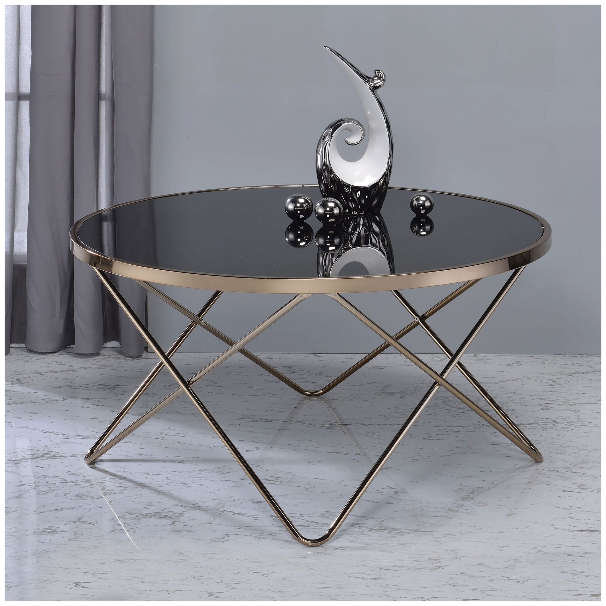 Urban Designs V Shaped Metal Frame Round Coffee Table – Black Glass Within Round Coffee Tables With Steel Frames (Photo 1 of 15)