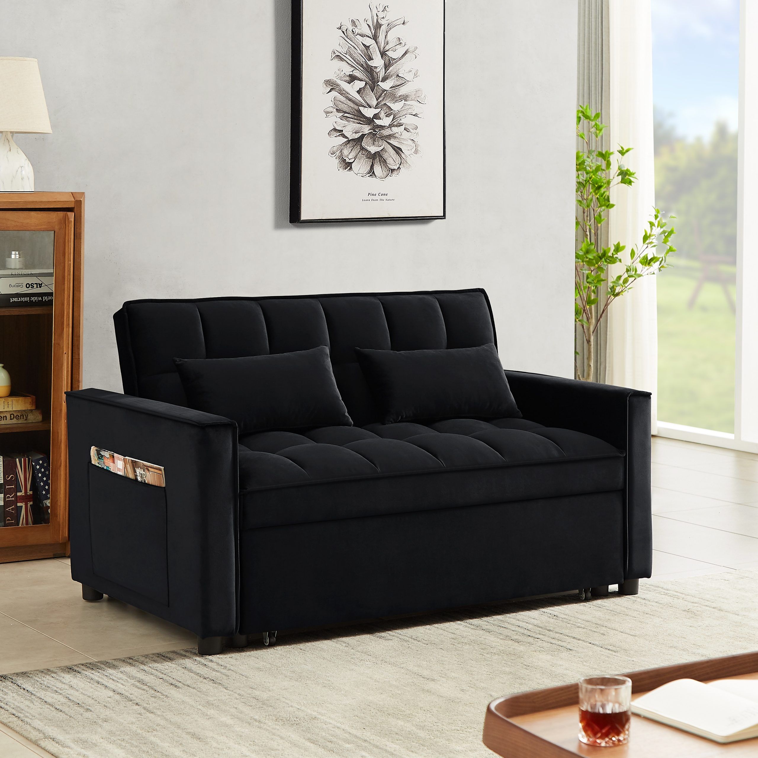 Velvet Convertible Loveseat Sleeper Sofa Couch With Adjustable Backrest, 2  Seater Sofa With Pull Out Bed With 2 Lumbar Pillows – Bed Bath & Beyond –  38905693 Intended For Black Velvet 2 Seater Sofa Beds (Photo 8 of 15)