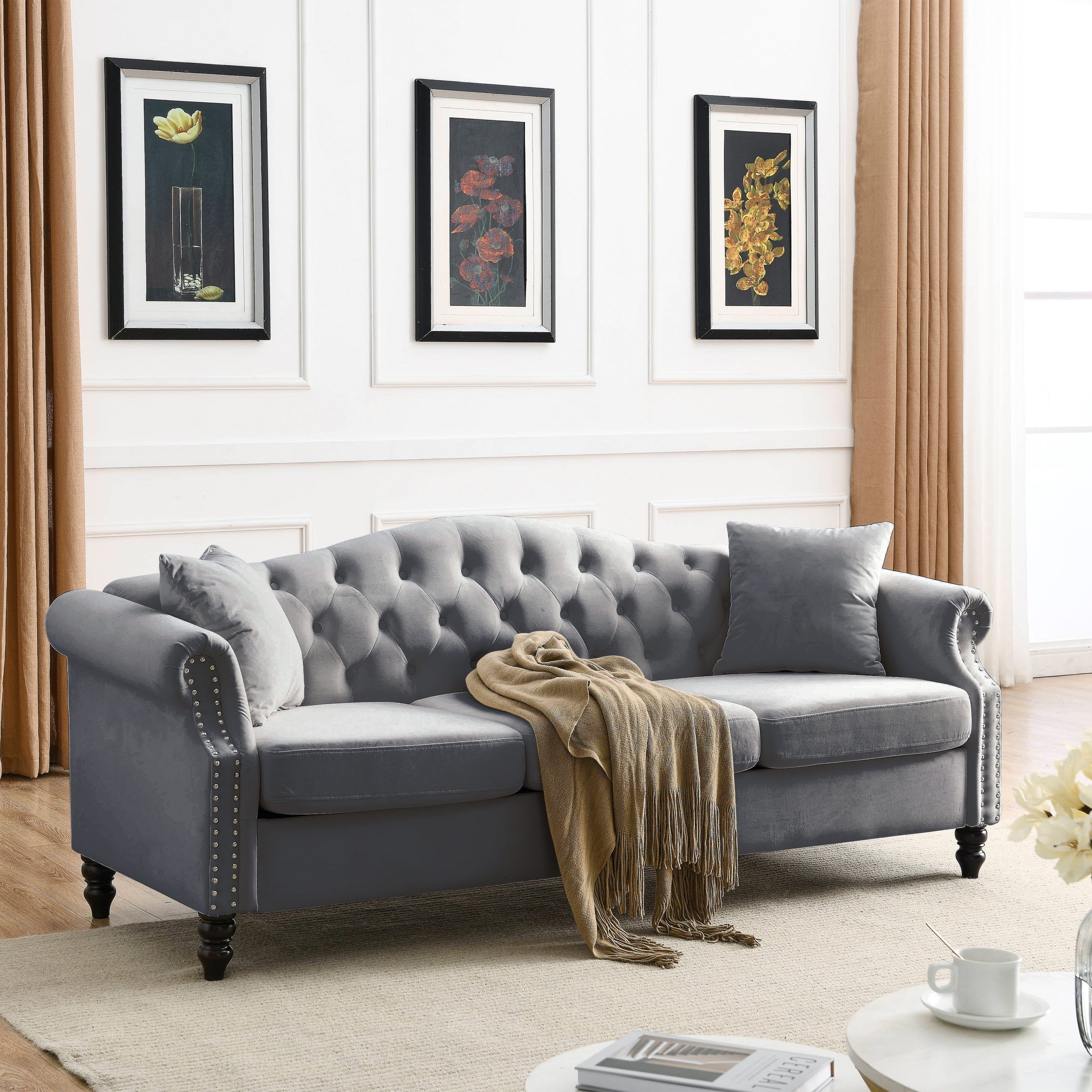Velvet Couch, 3 Seater Sofa Chesterfield Couch With Rolled Arms And Rivets,  Mid Century Modern Sofa Velvet Tufted Upholstered Love Seats Sofa With Wood  Leg, Comfy Couch Sofas With Two Pillows, Gray A – Pertaining To Modern 3 Seater Sofas (View 7 of 15)
