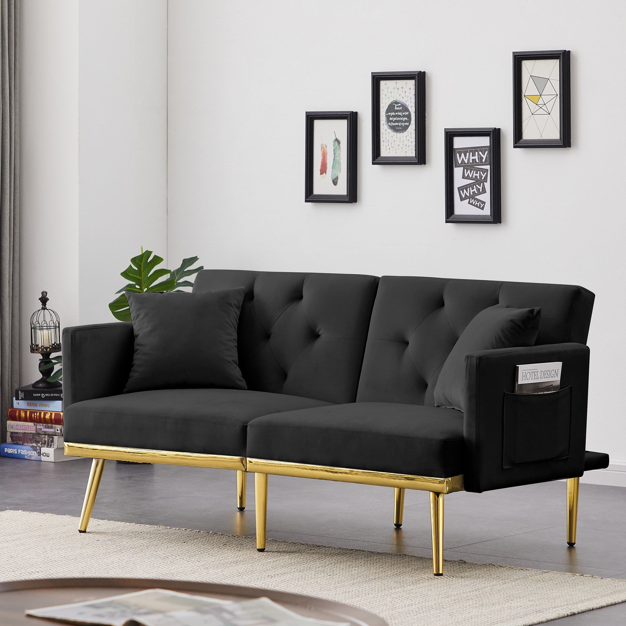 Velvet Futon Sofa Bed Convertible Folding Lounge Couch For Apartment Dorm,  Modern Loveseat With Armrest, Gold Metal Legs – Bed Bath & Beyond – 36687086 Regarding 2 Seater Black Velvet Sofa Beds (View 5 of 15)