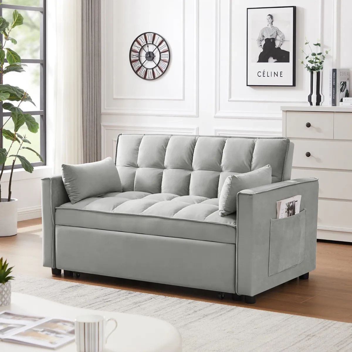 Velvet Futon Sofa Bed With 2 Pillows Convertible Sofa Bed Pull Out Couch  Gray | Ebay Pertaining To 2 In 1 Gray Pull Out Sofa Beds (View 7 of 15)