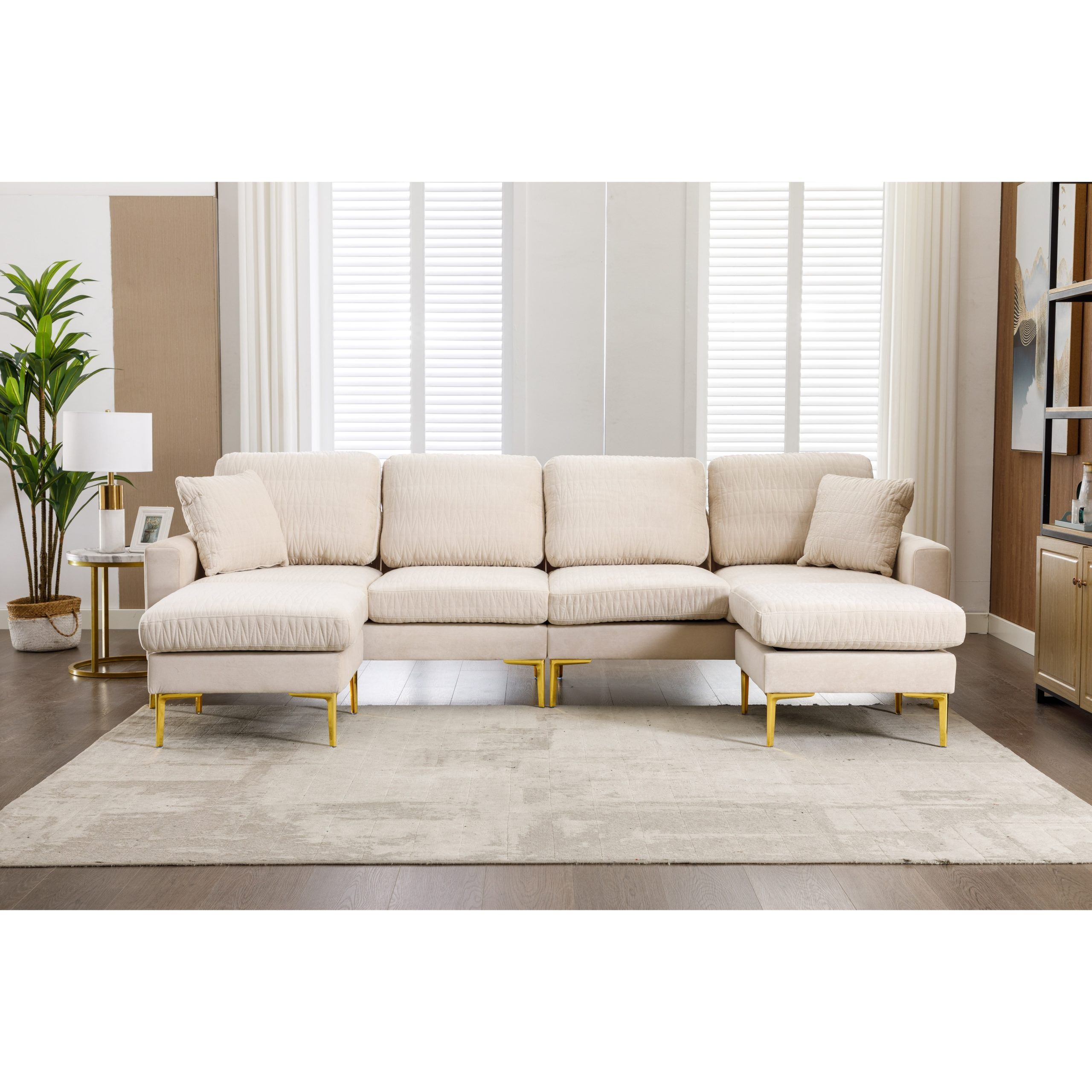 Velvet Modular Sectional Sofa Set For Living Room, Sponge Filled Reversible  Couch With Movable Ottomans And Golden Legs, Beige – Bed Bath & Beyond –  39034670 In Cream Velvet Modular Sectionals (View 14 of 15)