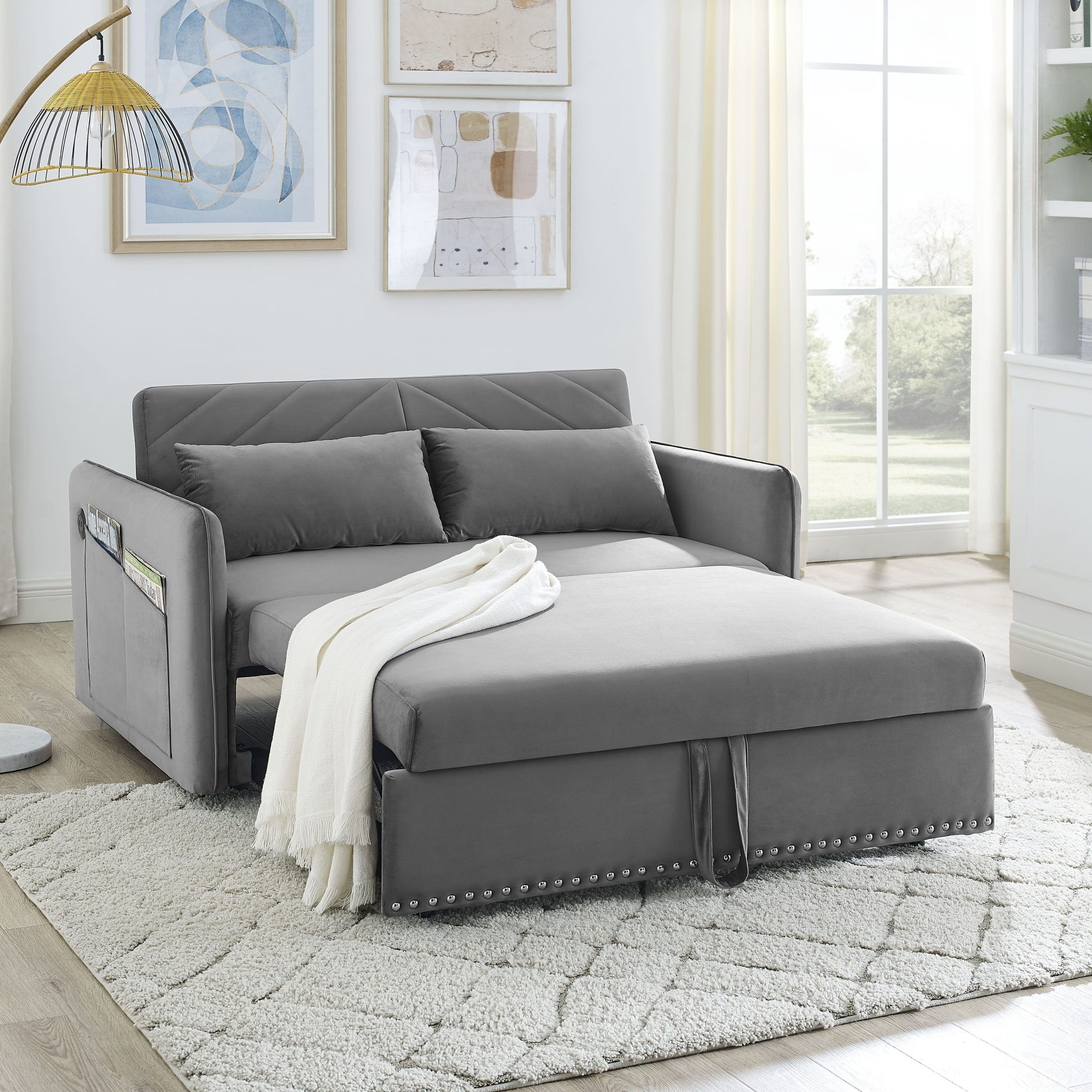 Velvet Pull Out Sleeper Sofa , 3 In 1 Adjustable Sleeper With Pull Out Bed,  2 Lumbar Pillows And Side Pocket – Bed Bath & Beyond – 38084240 Within 3 In 1 Gray Pull Out Sleeper Sofas (Photo 3 of 15)
