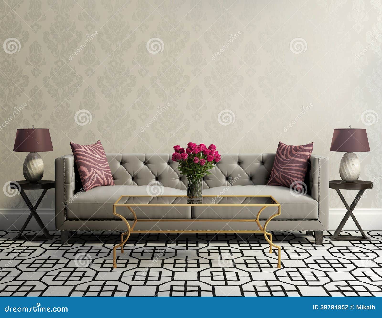 Vintage Elegant Living Room With Grey Velvet Sofa Stock Photo – Image Of  Gold, Grey: 38784852 Throughout Elegant Beige Velvet Sofas (View 13 of 15)