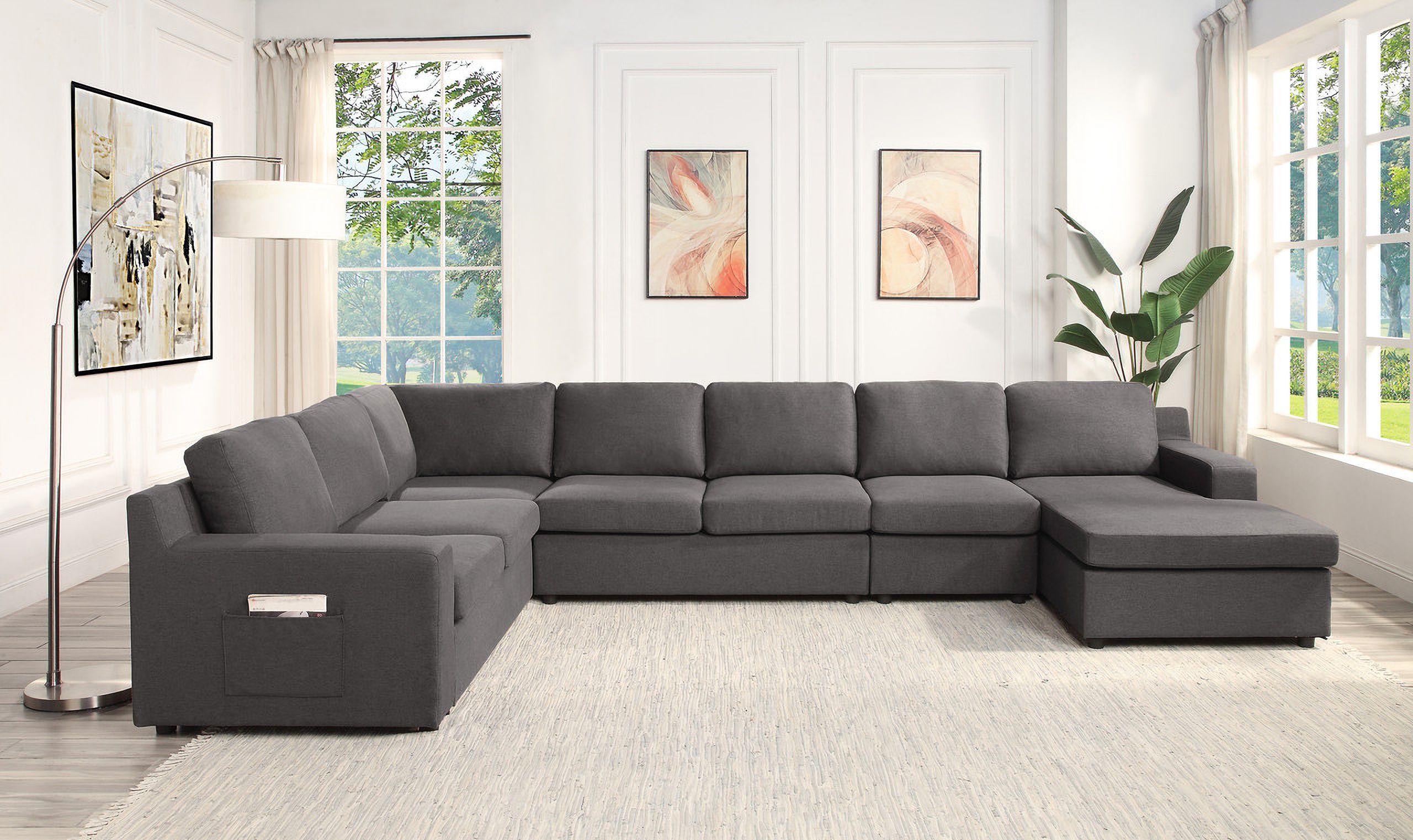 Waylon Gray Linen 7 Seater U Shape Sectional Sofa Chaise With Pocket  81803 10lilola Home | 1stopbedrooms Throughout Gray Linen Sofas (View 4 of 15)