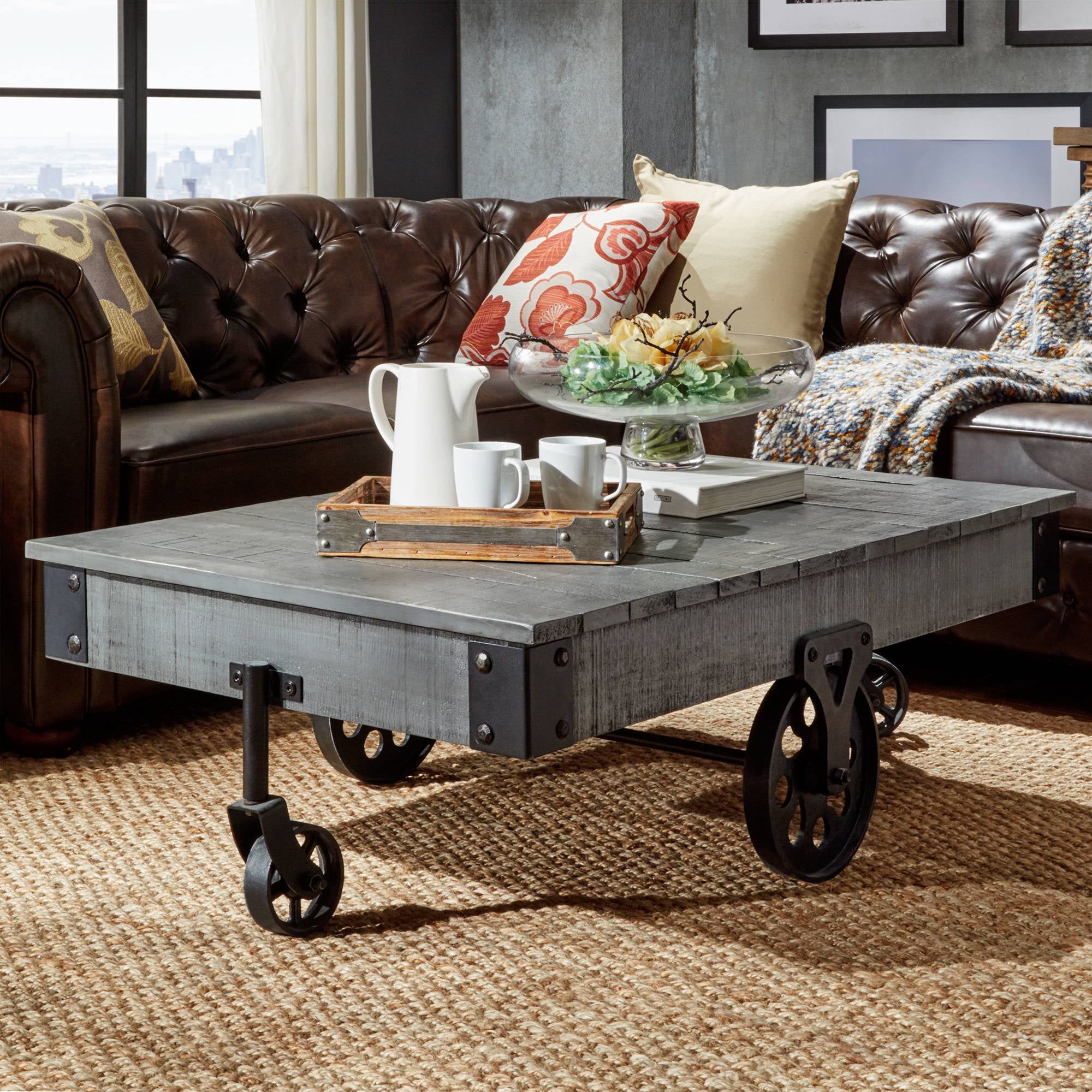 Weston Home Metal Supports Cocktail Table With Functional Wheels, Grey In Gray Coastal Cocktail Tables (View 12 of 15)