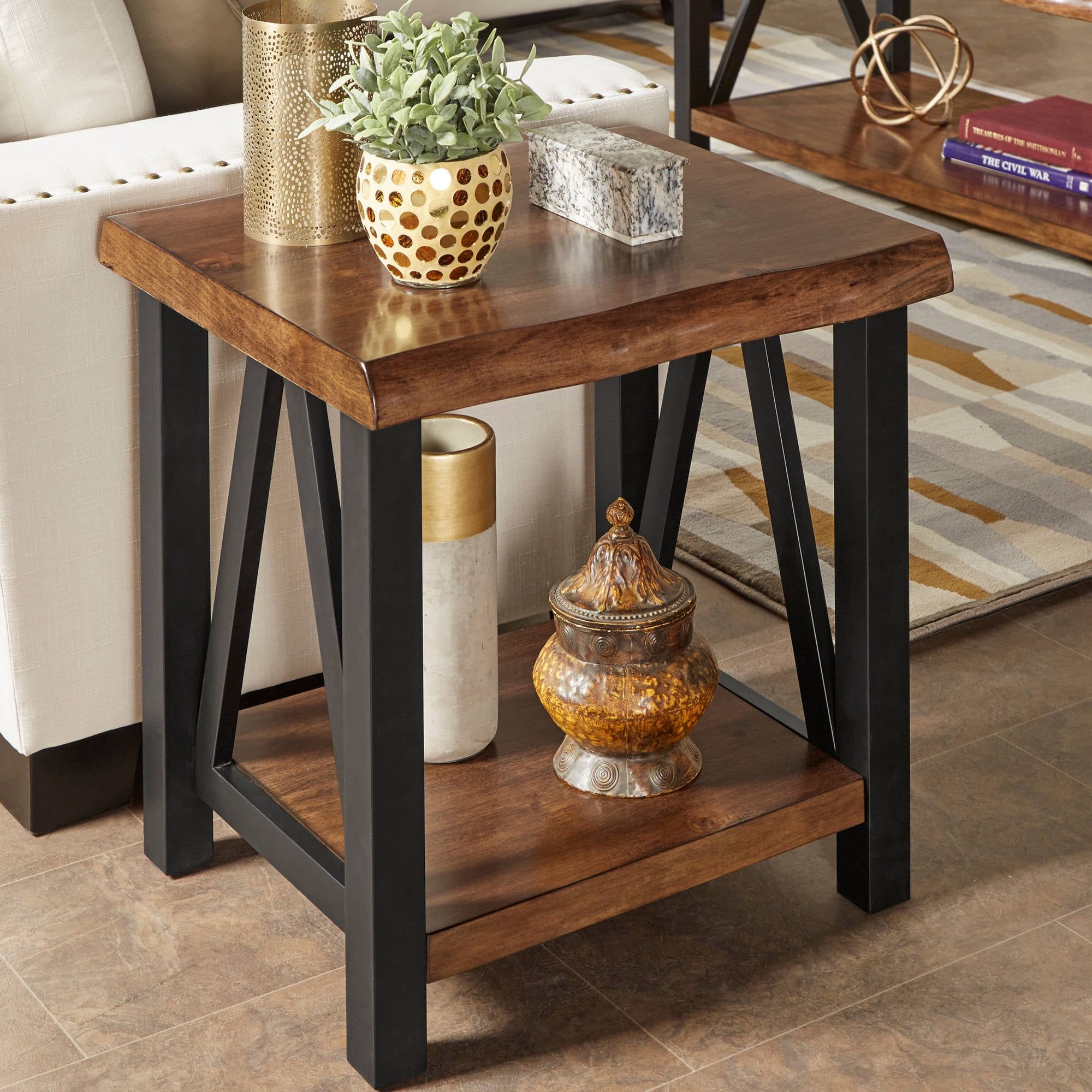 Weston Home Rustic Metal Base End Table With Natural Edge Table Top And Throughout Metal Side Tables For Living Spaces (Photo 5 of 15)