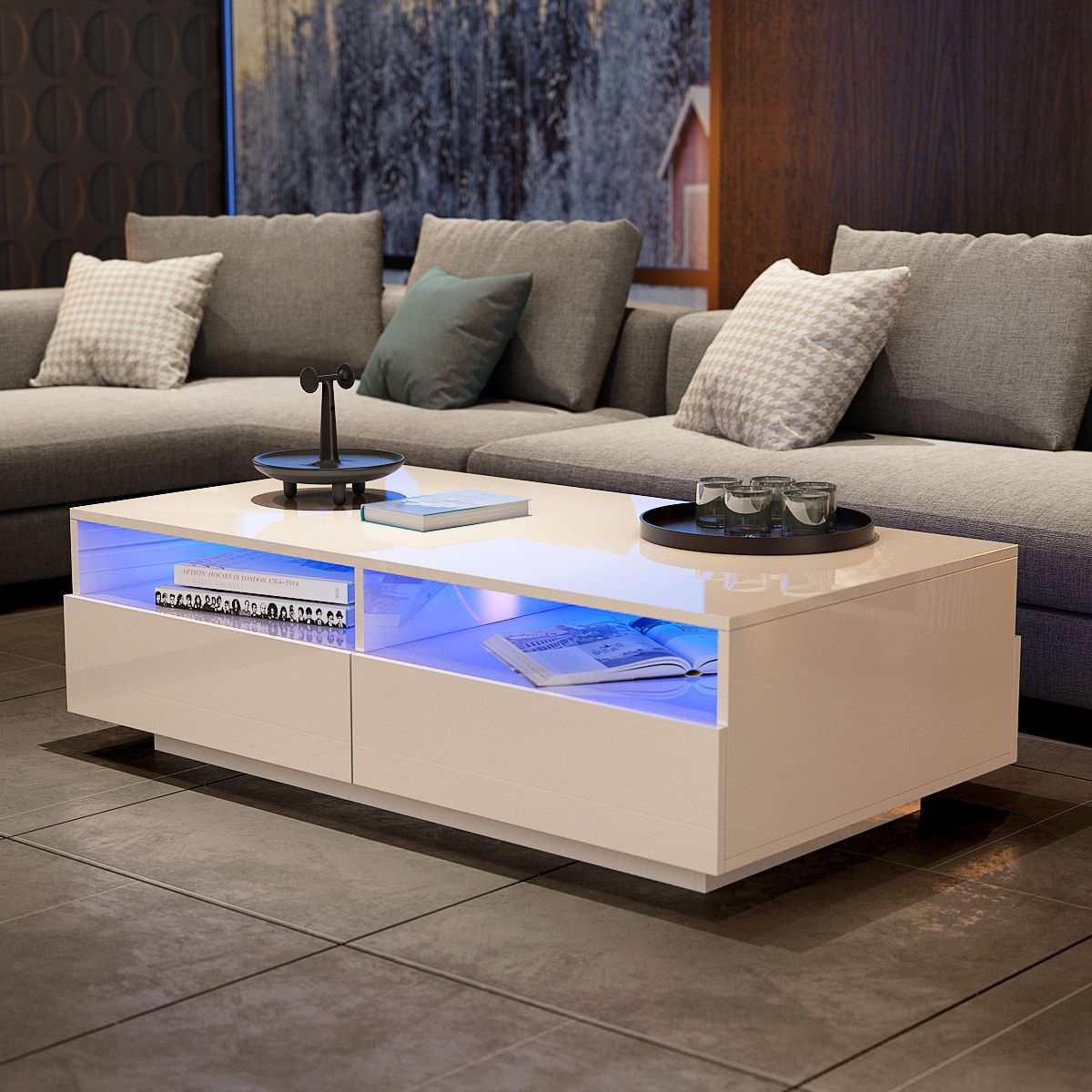 White High Gloss Coffee Table With Led Lights : High Gloss White Coffee Pertaining To Coffee Tables With Drawers And Led Lights (View 2 of 15)