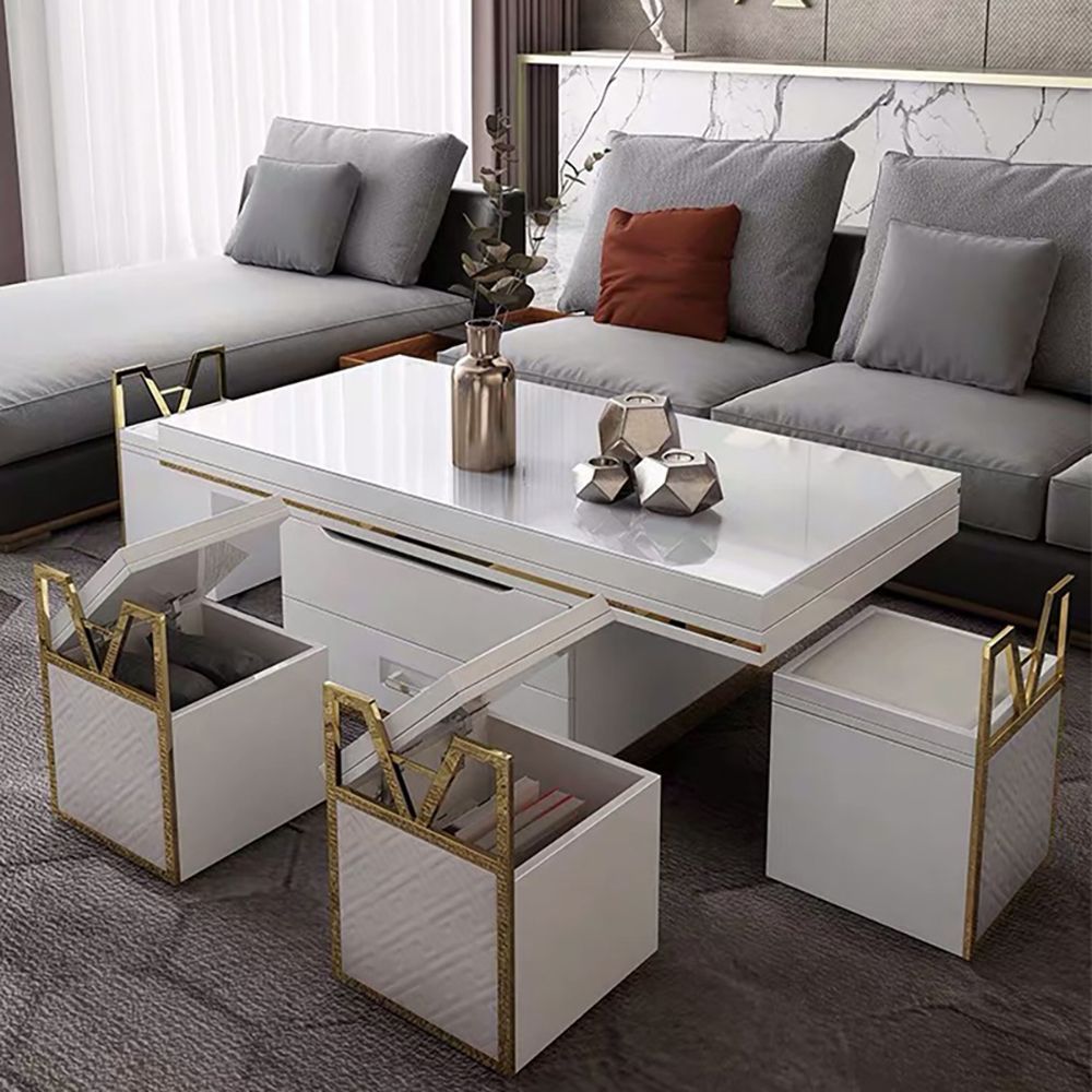 White Modern Lift Top Coffee Table Set With Storage & Stools Extendable With Regard To High Gloss Lift Top Coffee Tables (View 9 of 15)