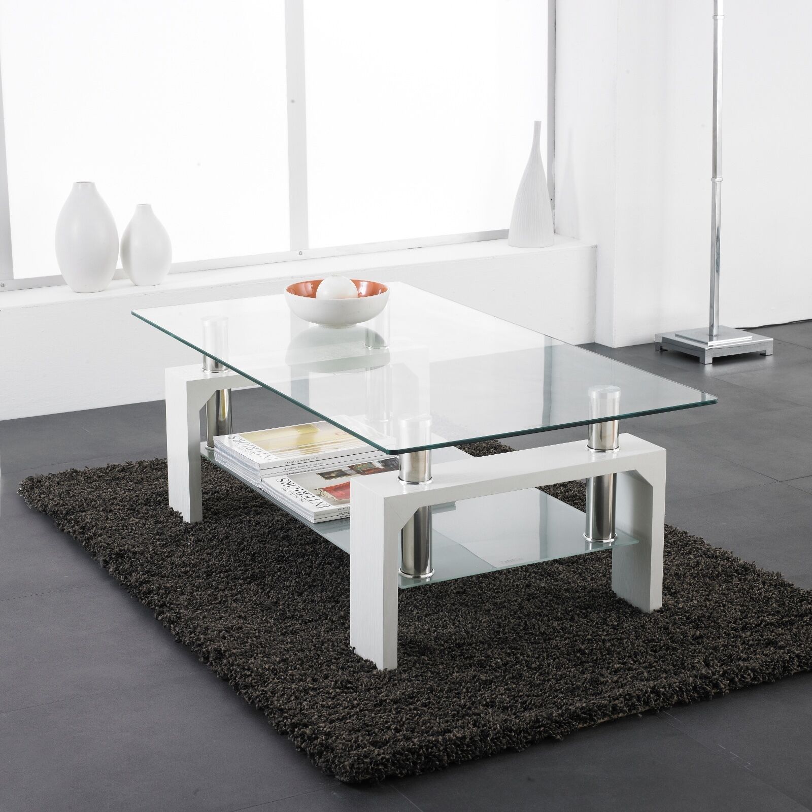 White Modern Rectangle Glass & Chrome Living Room Coffee Table With Within Glass Coffee Tables With Lower Shelves (View 2 of 15)