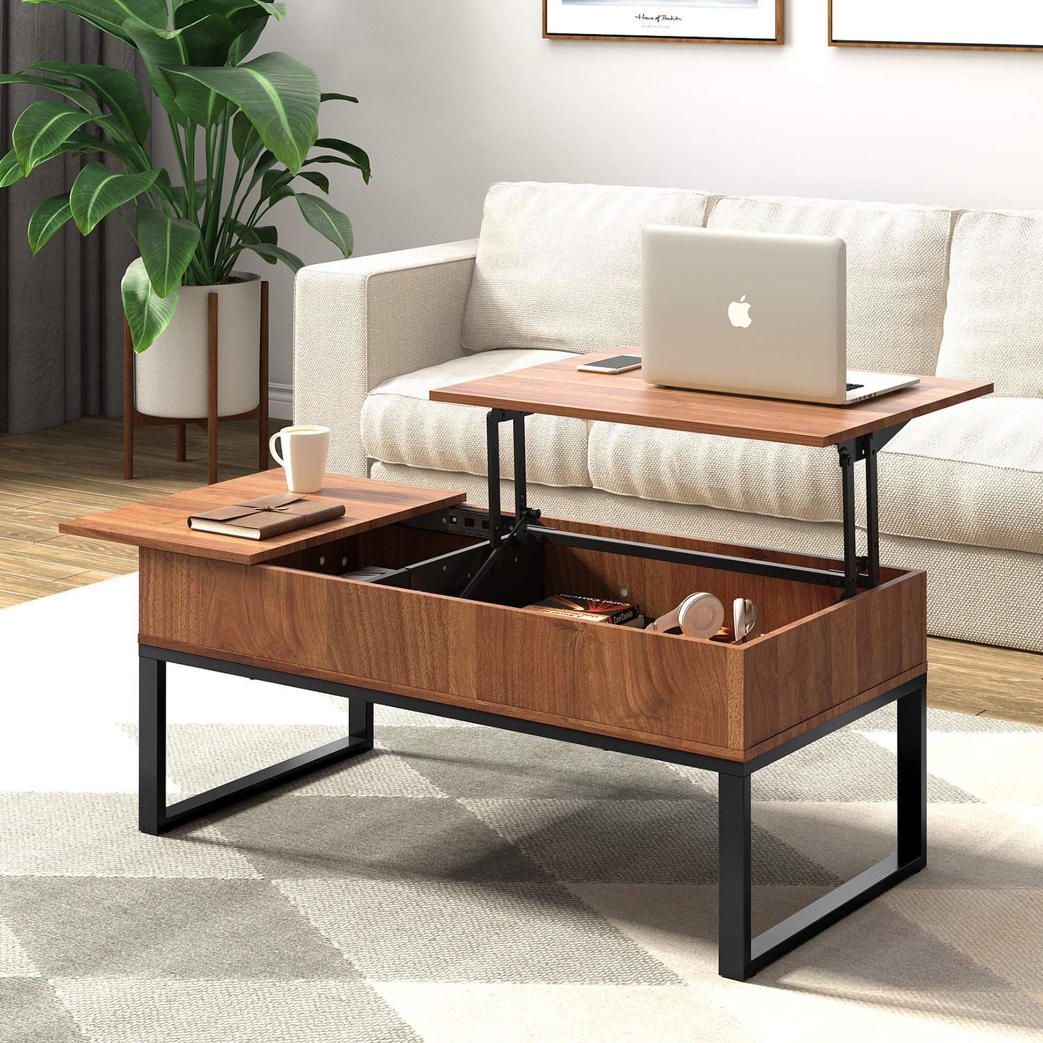 Wlive Wood Coffee Table With Adjustable Lift Top Table, Metal Frame Intended For Modern Coffee Tables With Hidden Storage Compartments (View 12 of 15)