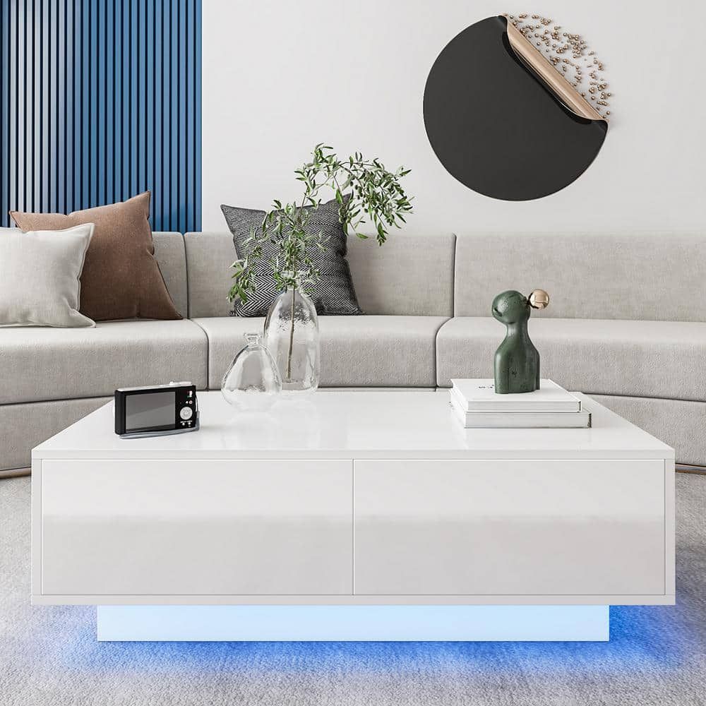 Woodyhome 37.4 In. White Medium Rectangle Mdf Led Coffee Table With 4 In Led Coffee Tables With 4 Drawers (Photo 10 of 15)