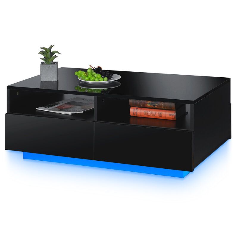 Woodyhome High Gloss Led Coffee Table With 4 Drawer+2 Grids Storage In Led Coffee Tables With 4 Drawers (Photo 14 of 15)