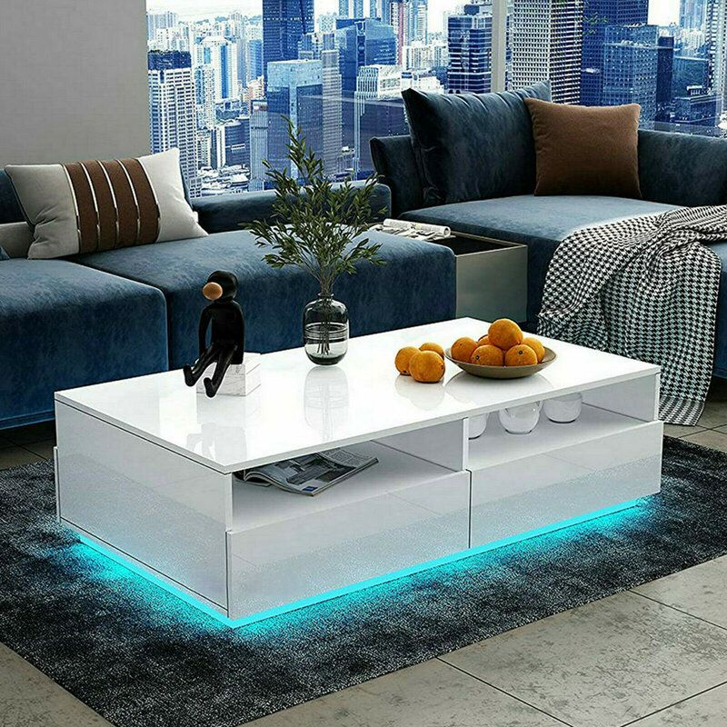 Woodyhome High Gloss Led Coffee Table With 4 Drawer+2 Grids Storage Intended For Led Coffee Tables With 4 Drawers (View 5 of 15)