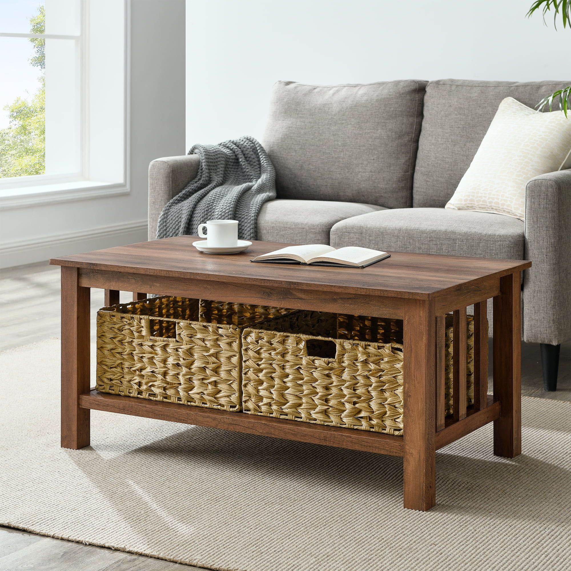 Woven Paths Farmhouse Mission Rectangle Coffee Table With Baskets For Woven Paths Coffee Tables (Photo 4 of 15)