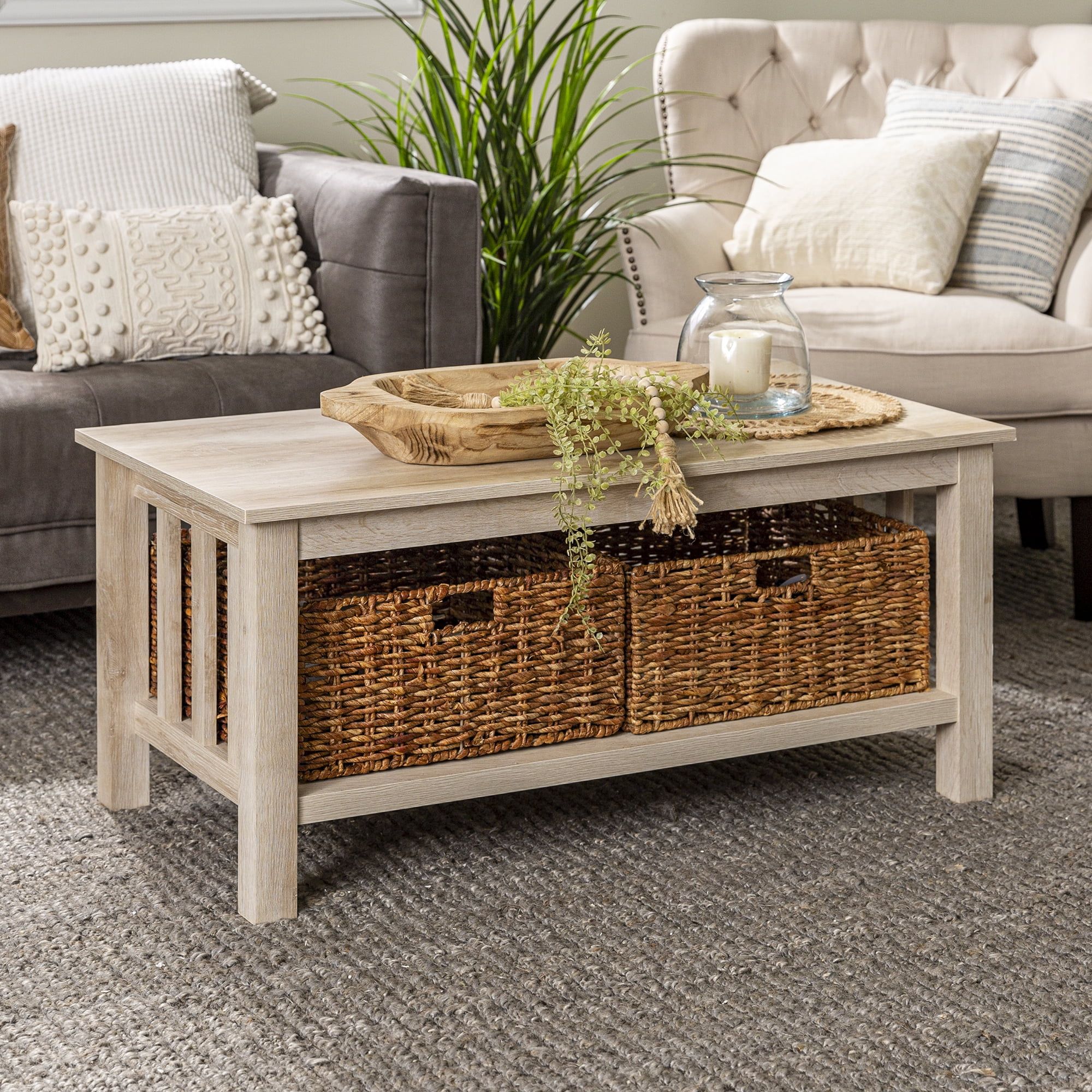 Woven Paths Traditional Storage Coffee Table With Bins, White Oak With Coffee Tables With Open Storage Shelves (Photo 13 of 15)
