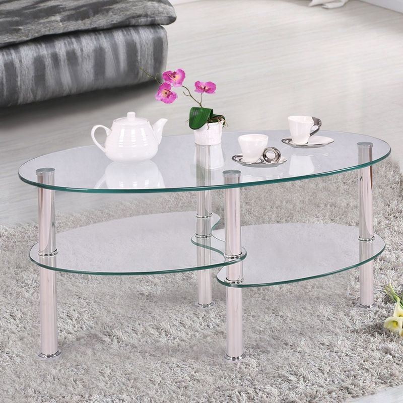 Zimtown Modern Tempered Glass Oval Side Coffee Table Chrome Finished Intended For Tempered Glass Oval Side Tables (View 3 of 15)