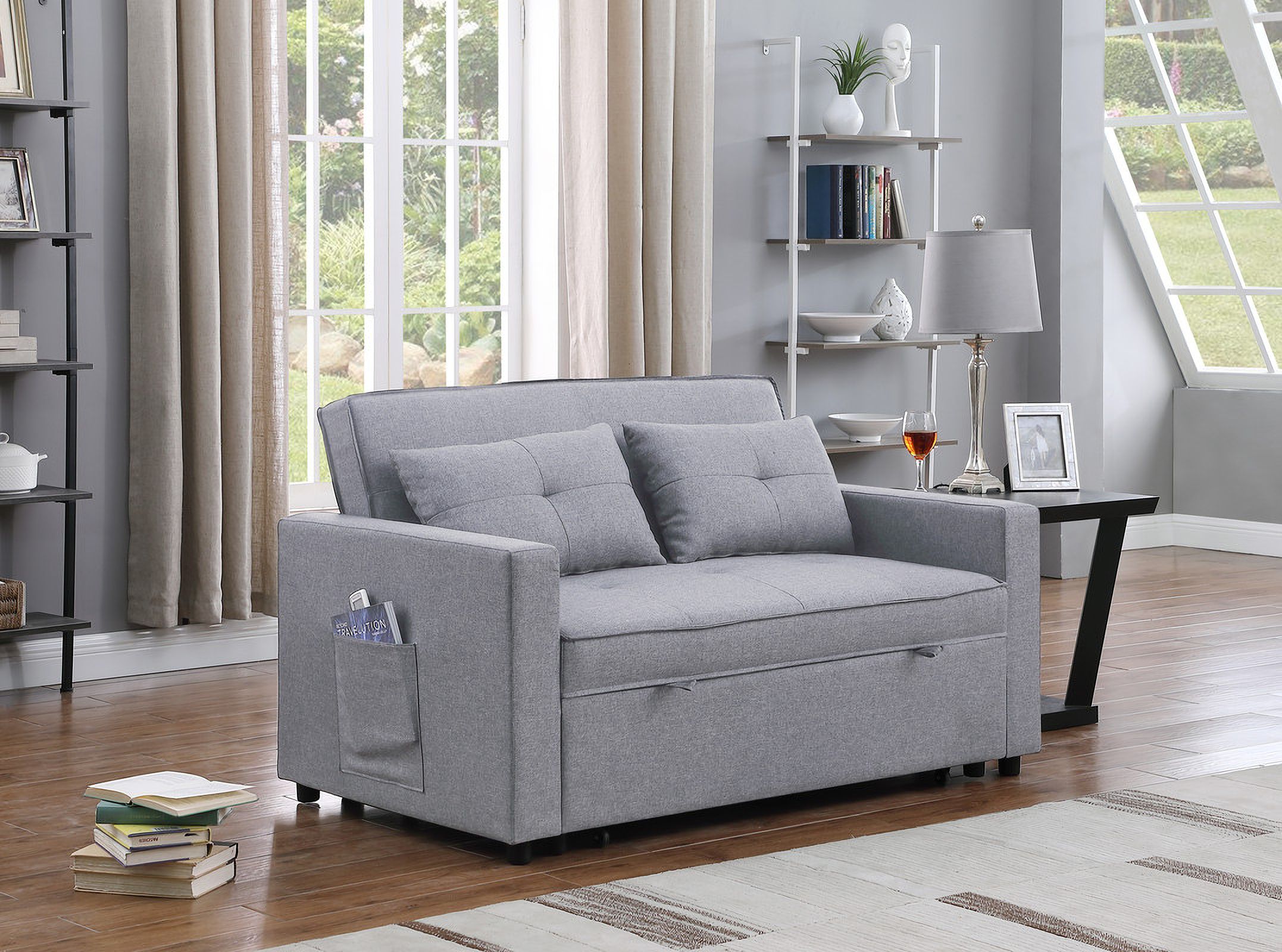 Zoey Light Gray Linen Convertible Sleeper Loveseat With Side Pocket Lilola Home | 1stopbedrooms Intended For Convertible Light Gray Chair Beds (View 5 of 15)